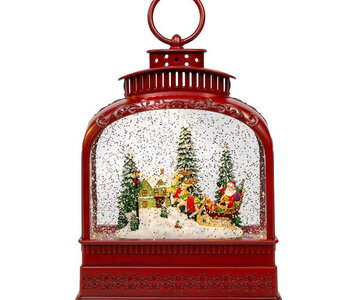 Lighted Santa On Sleigh Lantern With Spinning Glitter Water