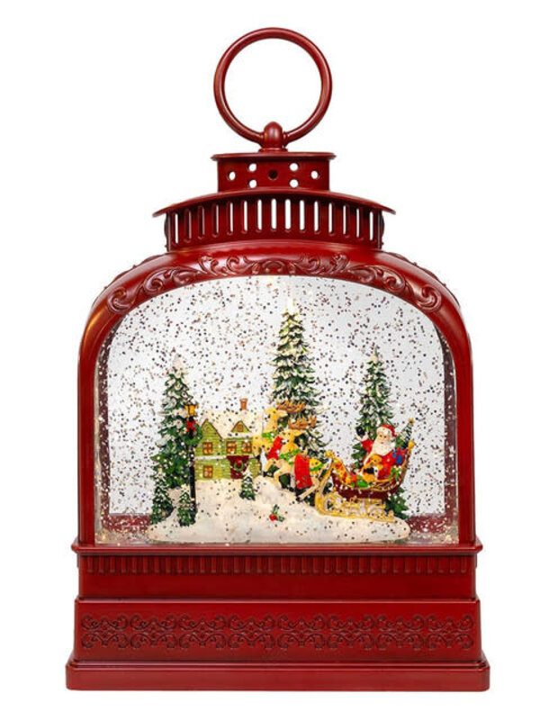 Lighted Santa On Sleigh Lantern With Spinning Glitter Water