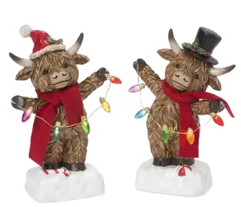 Lighted Resin Holiday Highland Cow w/ Timer