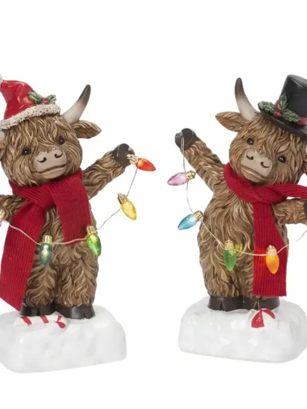 Lighted Resin Holiday Highland Cow w/ Timer