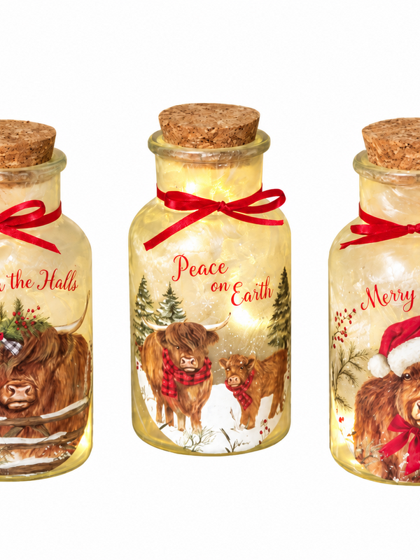 Lighted Frosted Glass Highland Cow Design Bottle