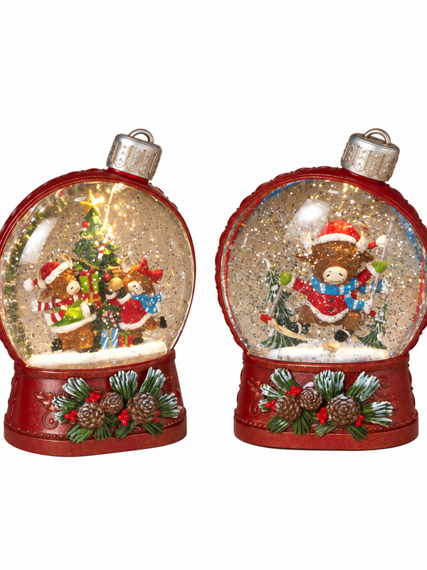 Lighted Spinning Water Globe Ornament w/ Holiday Highland Cow
