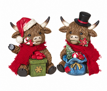Christmas Holiday Resin Highland Cow w/ Gift