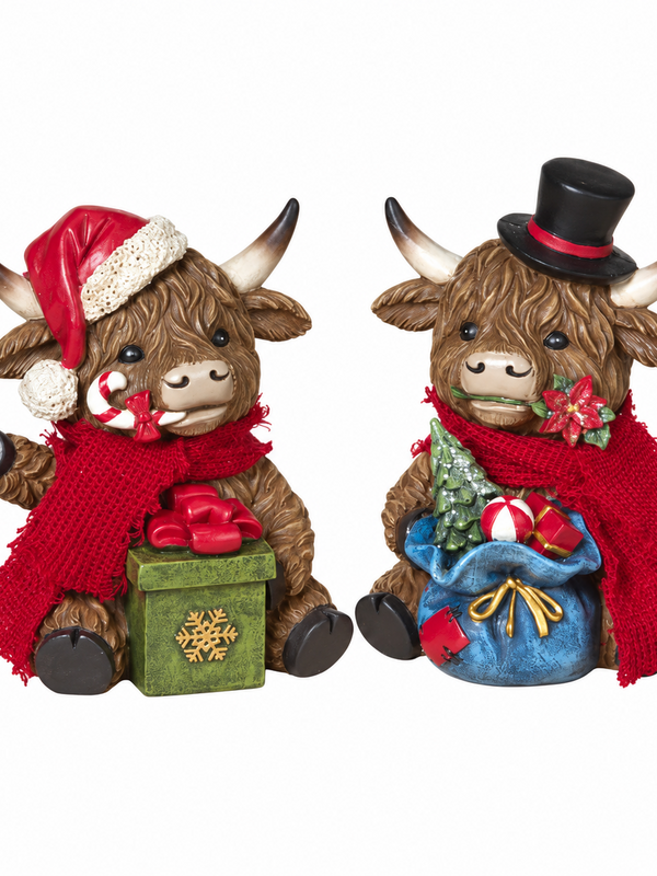 Christmas Holiday Resin Highland Cow w/ Gift
