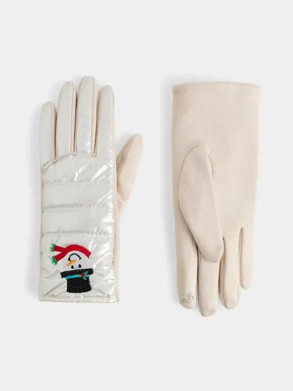 Embroidered Snowman Touchscreen Gloves -Iridescent White