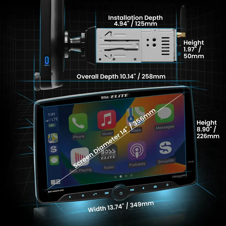 Boss Elite Boss Elite BE14ACP.WX 14" floating touchscreen wireless Apple Carplay/Android Auto bluetooth siriusxm receiver
