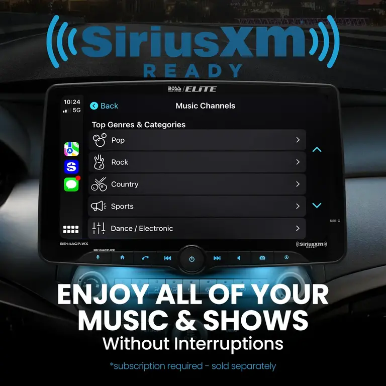 Boss Elite Boss Elite BE14ACP.WX 14" floating touchscreen wireless Apple Carplay/Android Auto bluetooth siriusxm receiver
