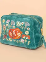 Powder Designs Inc. Velvet Embroidered Make-Up Bag - Folk Art Hedgehog, Aqua