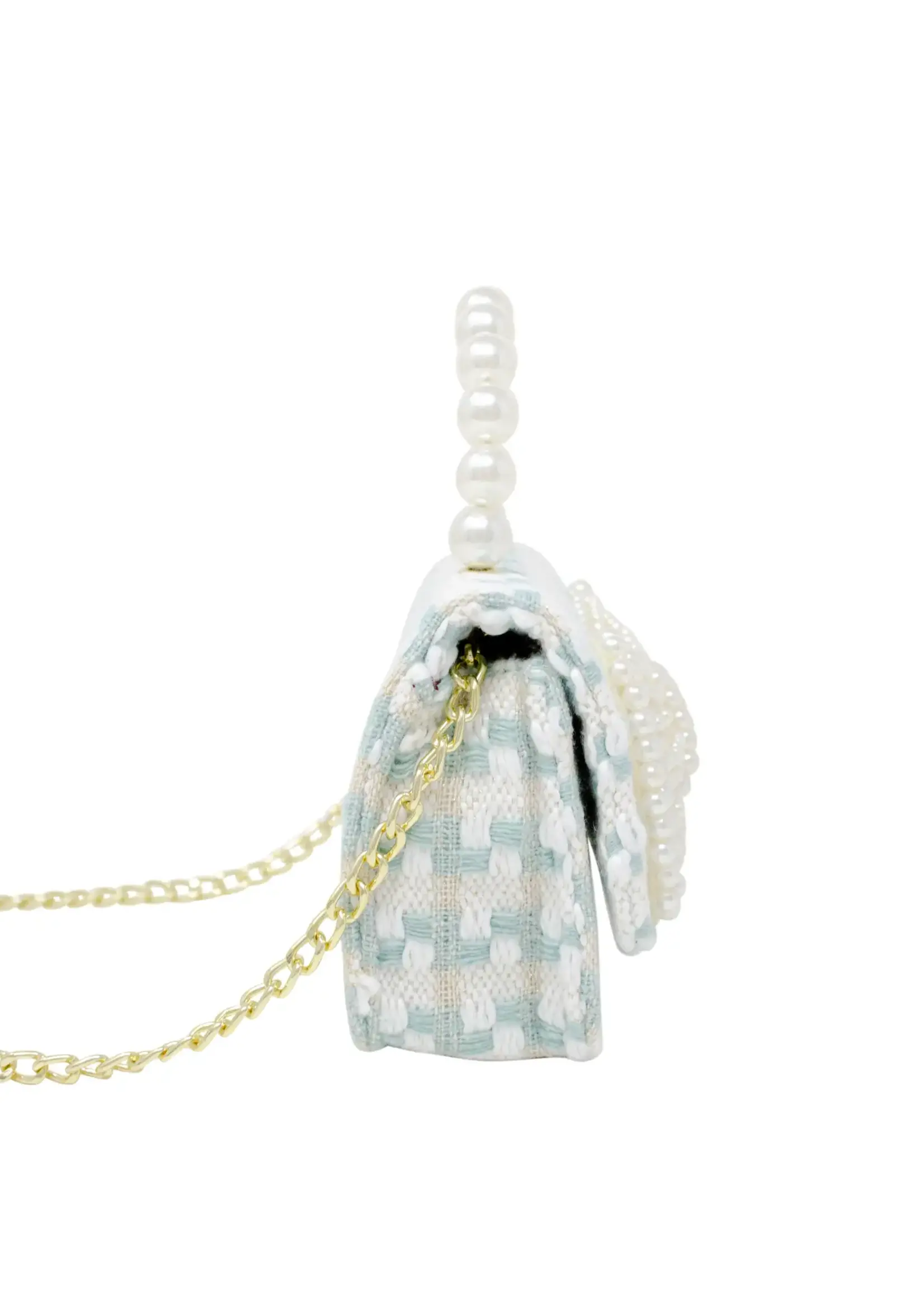 Tiny Treats and ZOMI GEMS Tweed Pearl Handle Bow Purse- Blue
