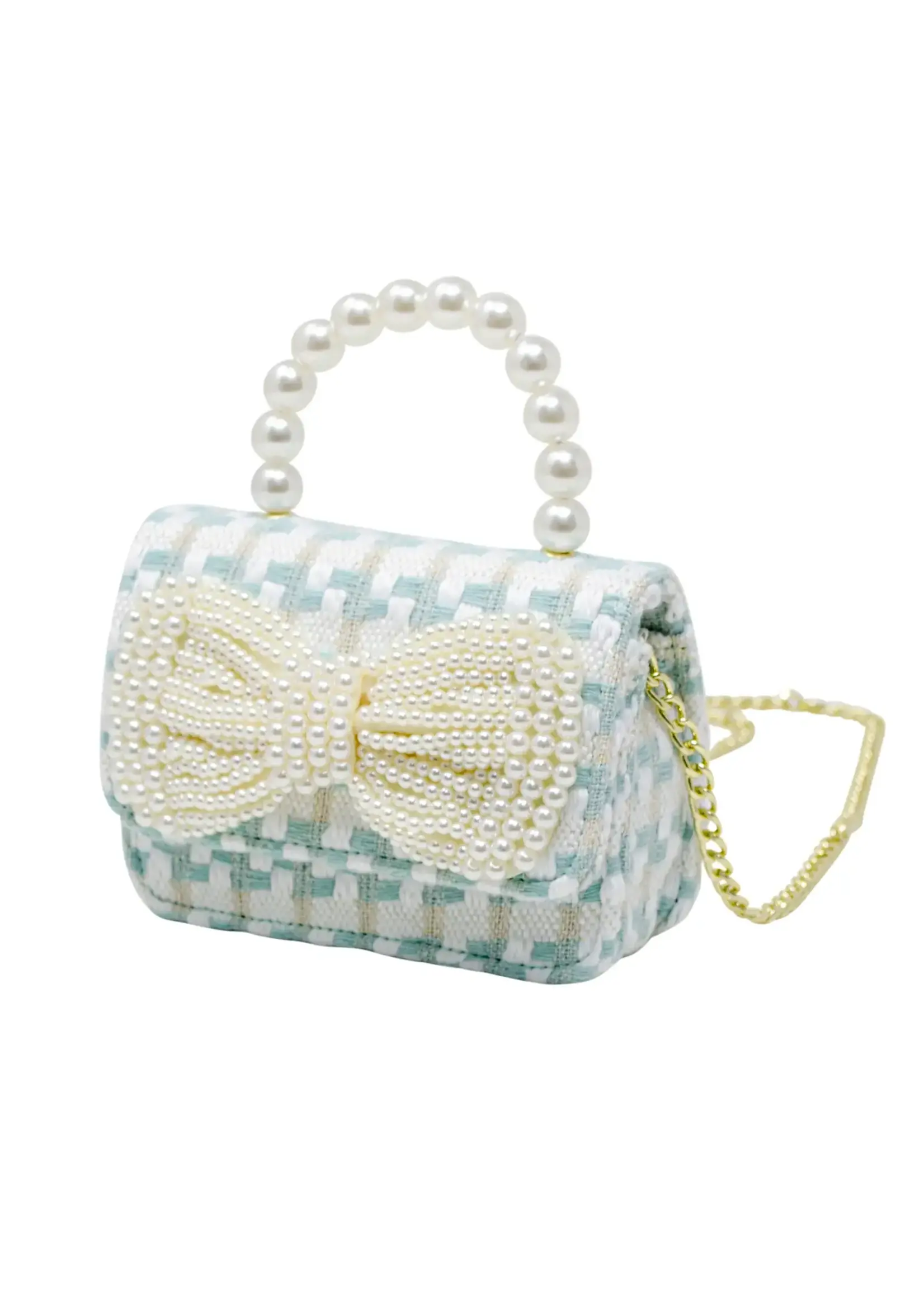Tiny Treats and ZOMI GEMS Tweed Pearl Handle Bow Purse- Blue