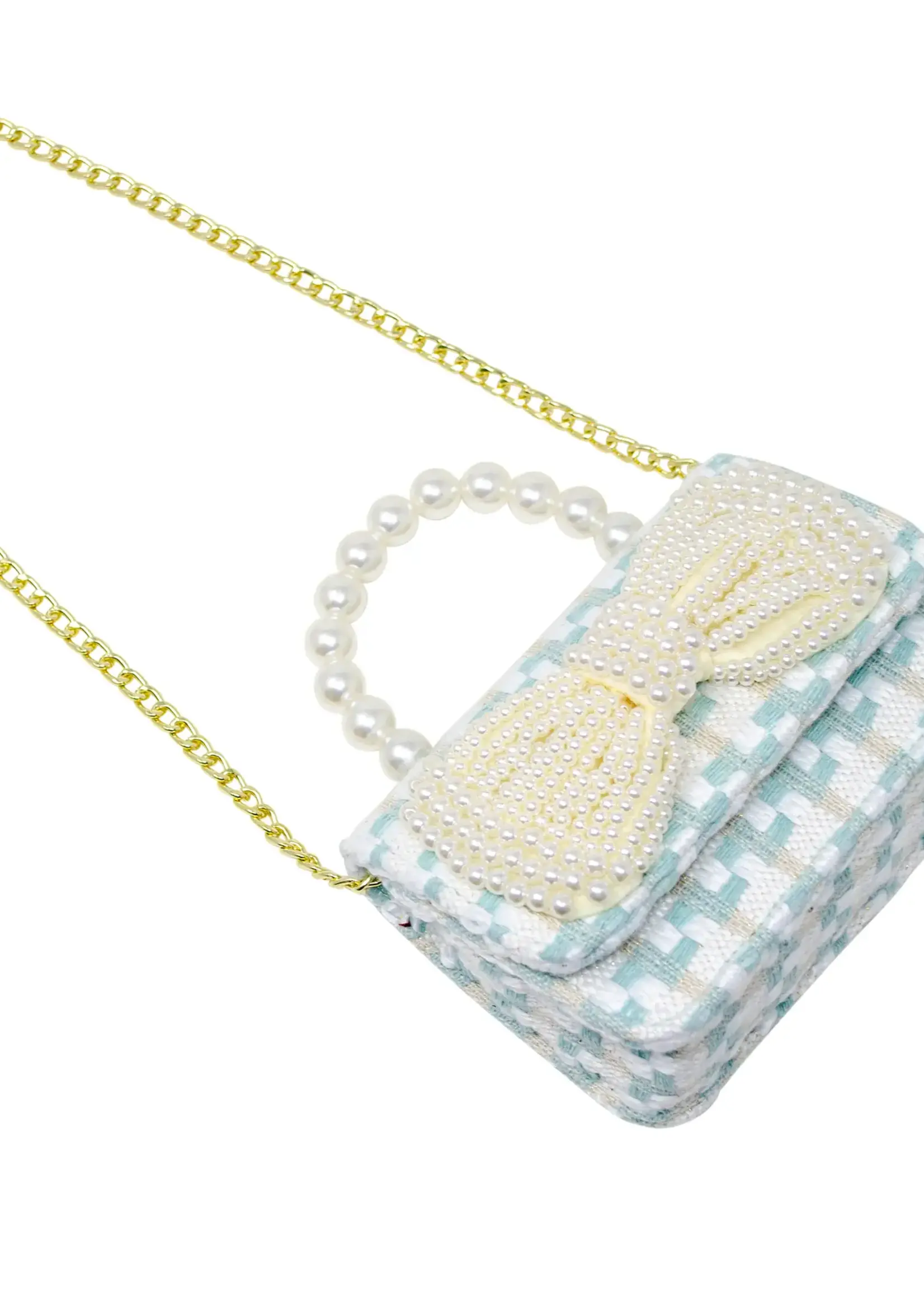 Tiny Treats and ZOMI GEMS Tweed Pearl Handle Bow Purse- Blue