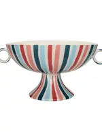 Creative Co-Op Hand-Painted Stoneware Footed Bowl w/ Handles & Stripes