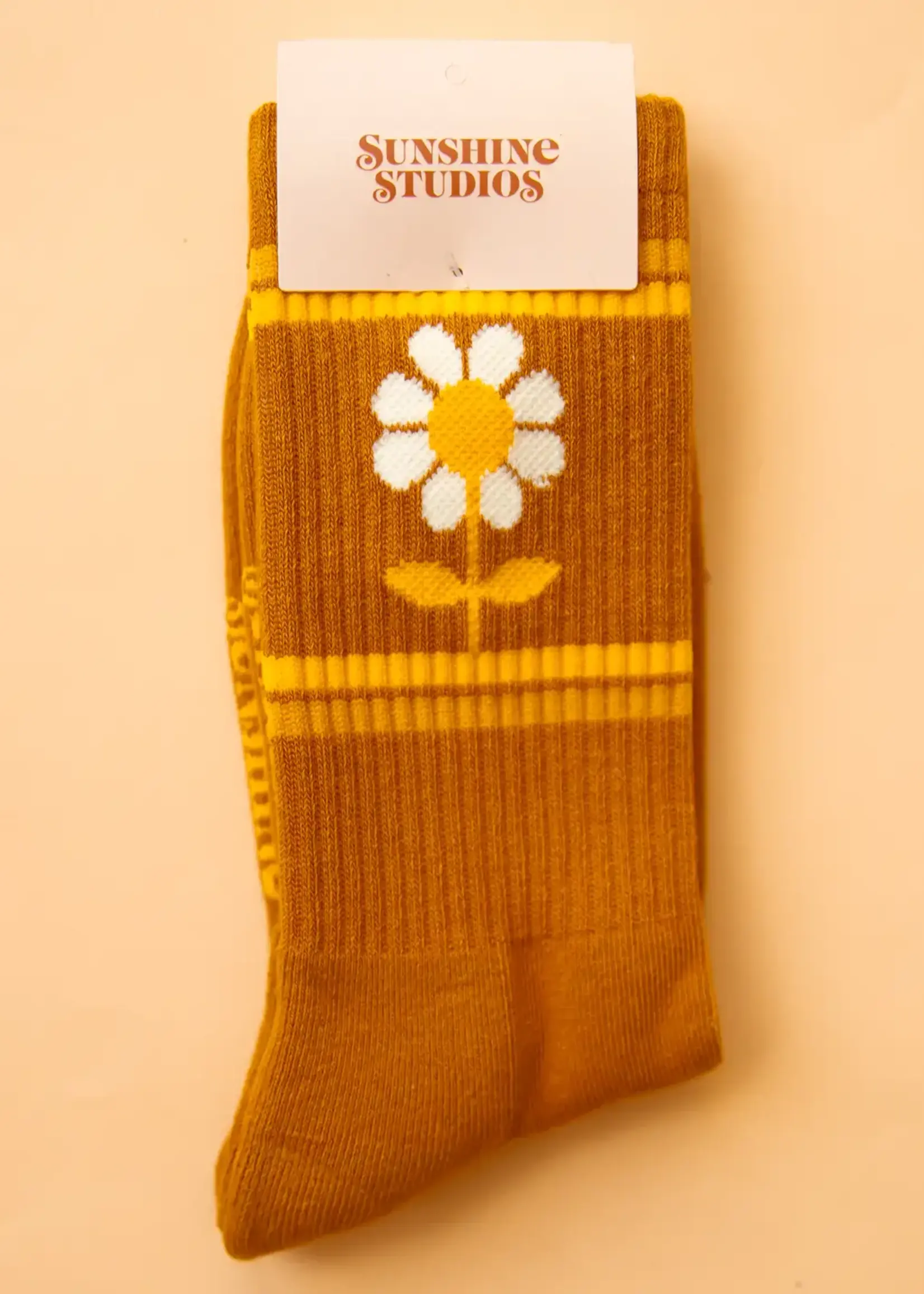 Sunshine Studios Retro Flower Striped Ribbed Crew Socks