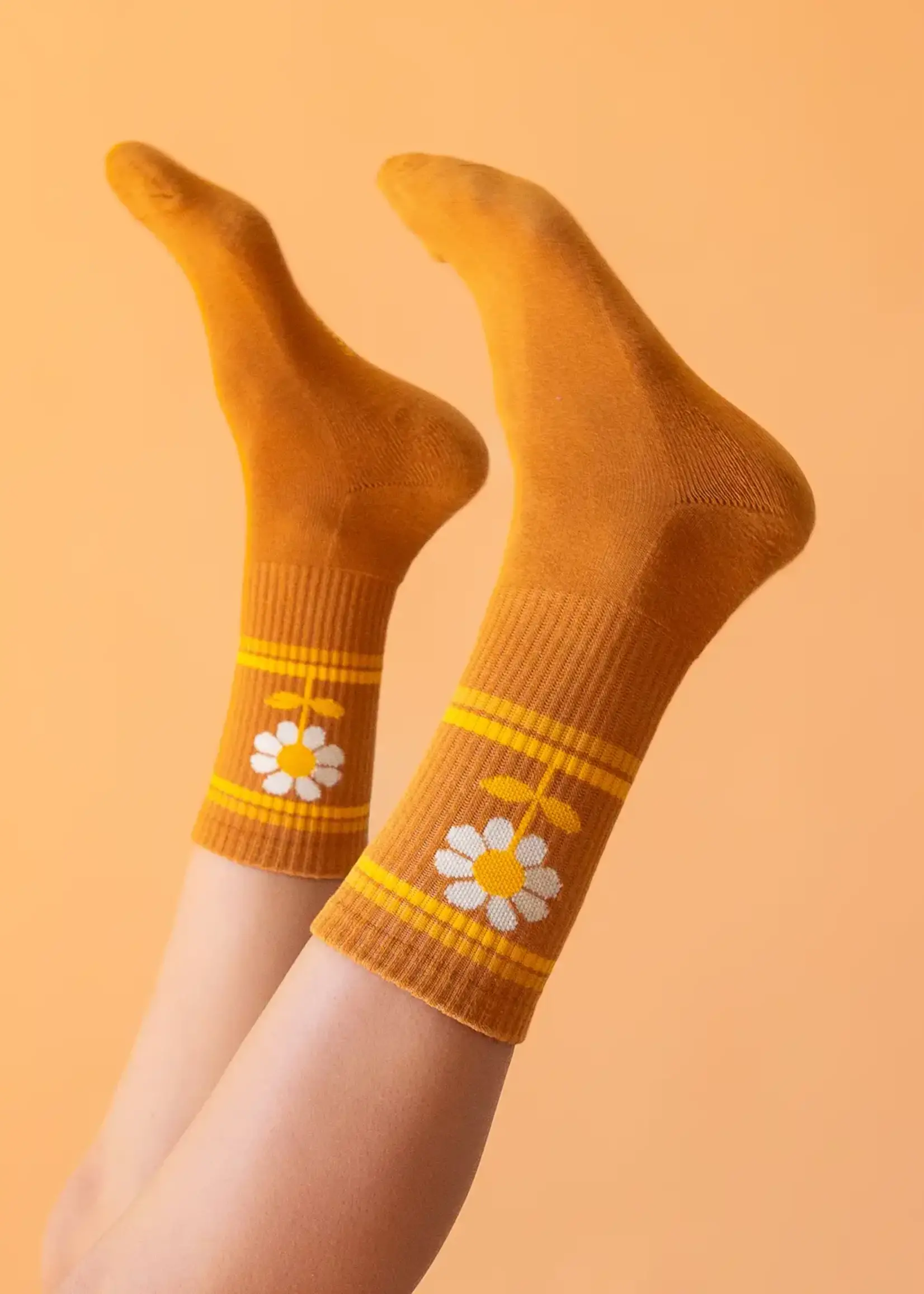 Sunshine Studios Retro Flower Striped Ribbed Crew Socks