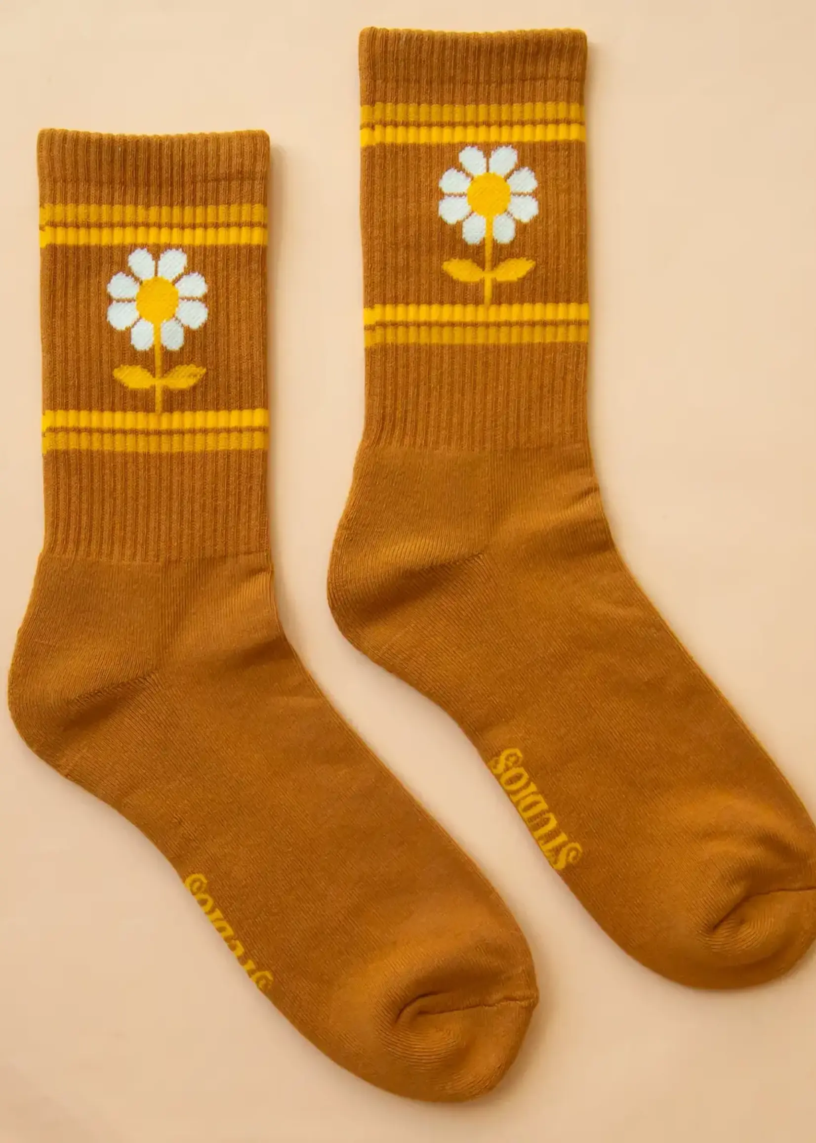 Sunshine Studios Retro Flower Striped Ribbed Crew Socks