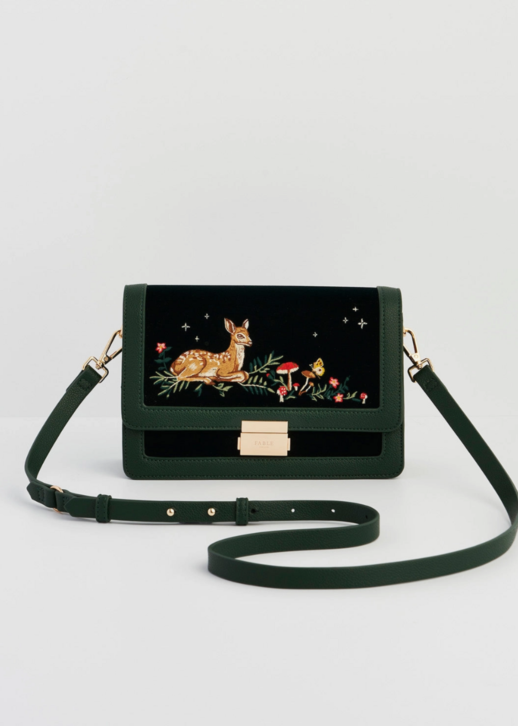 Fable England Fawn Embroidered Green Crossbody Bag