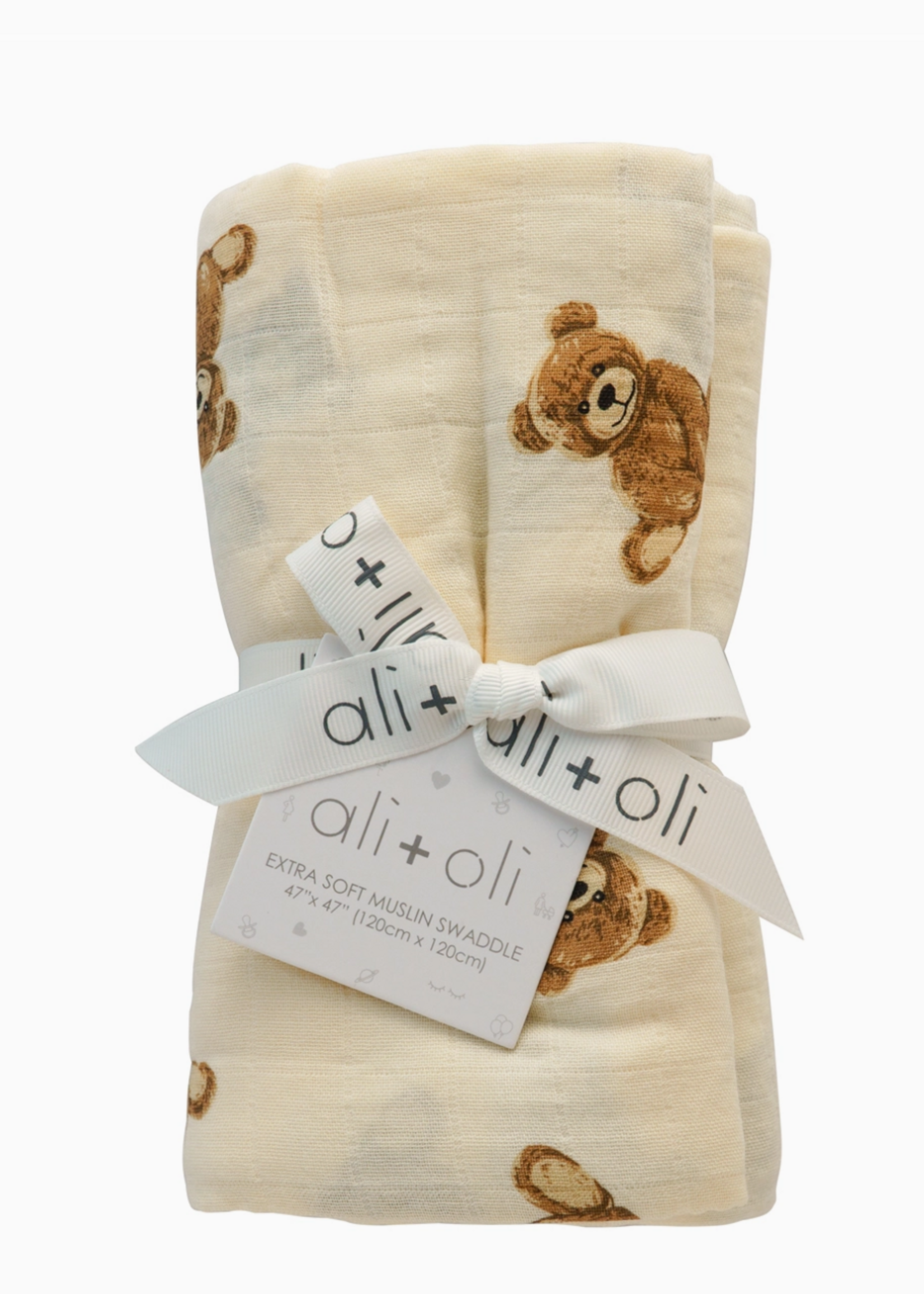 Ali and Oli Bamboo Muslin Swaddle Baby Blanket (Teddy Bear)