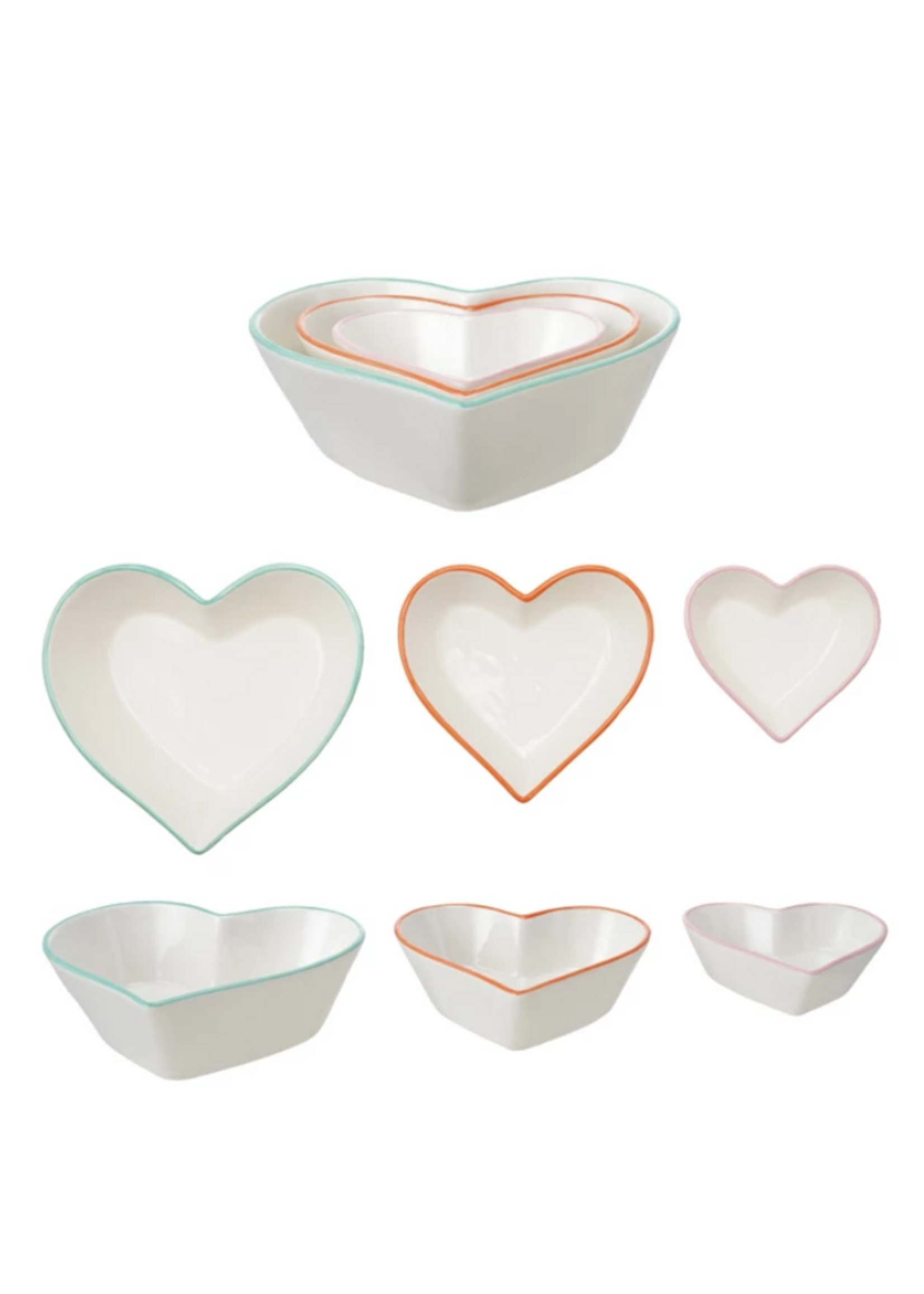 Creative Co-Op Stoneware Heart Shaped Bowls with Colored Rims, Set of 3