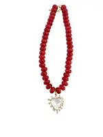Gemelli Regal Red Beaded Necklace with Pearl Heart Charm