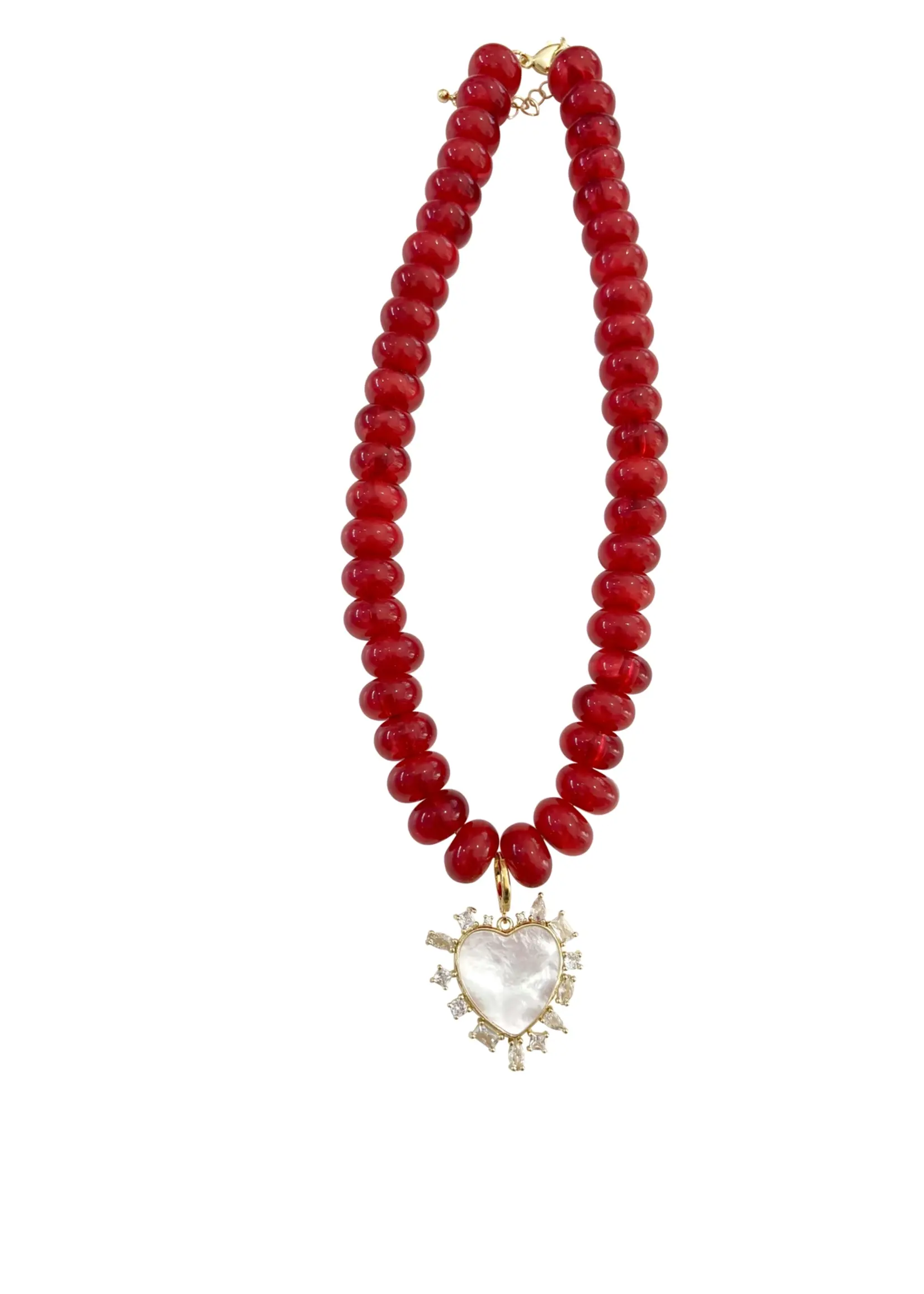 Gemelli Regal Red Beaded Necklace with Pearl Heart Charm