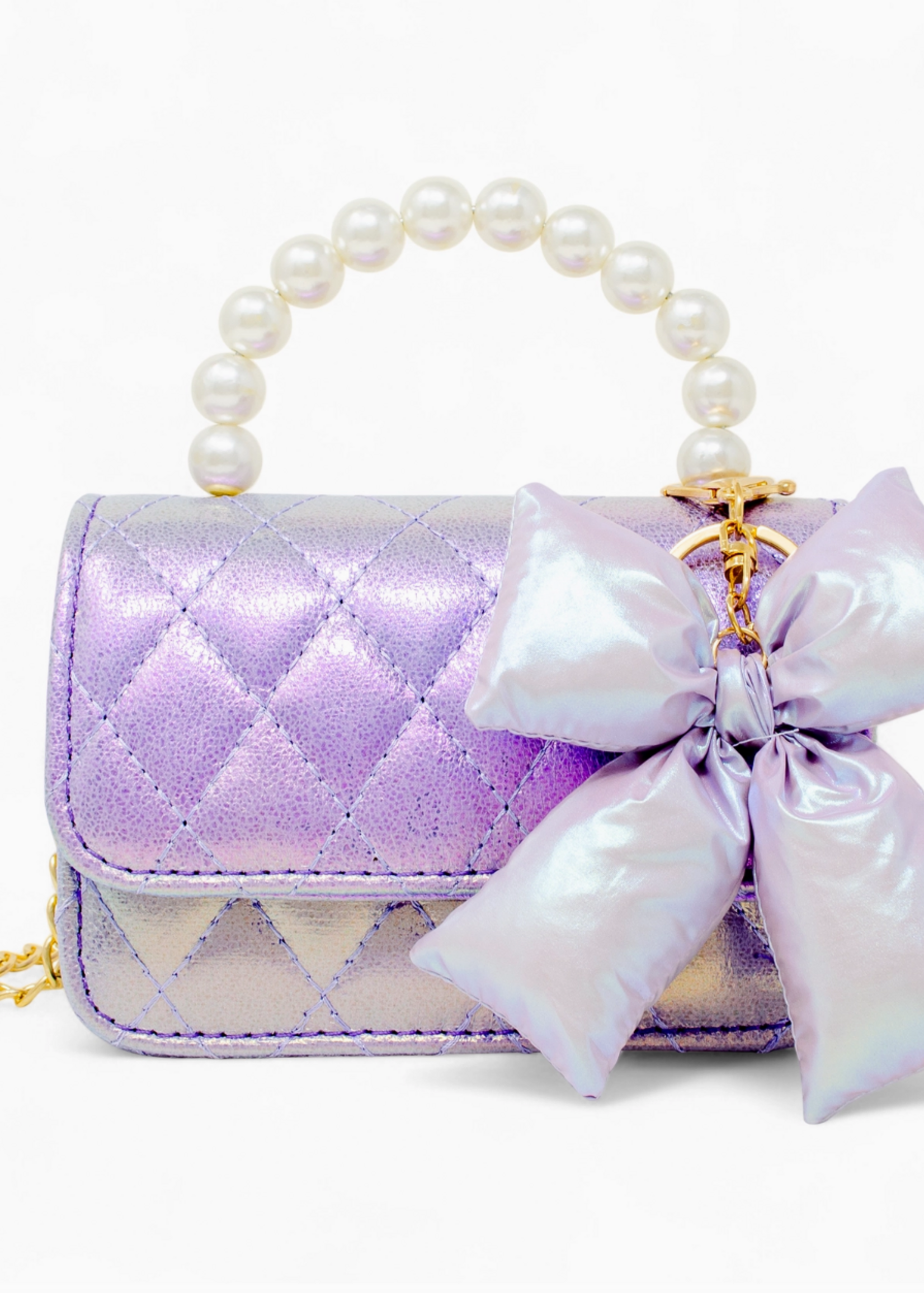 Tiny Treats and ZOMI GEMS Shiny Quilted Fluffy Bow Handbag  Purple