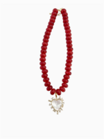 Gemelli Regal Red Beaded Necklace with Pearl Heart Charm