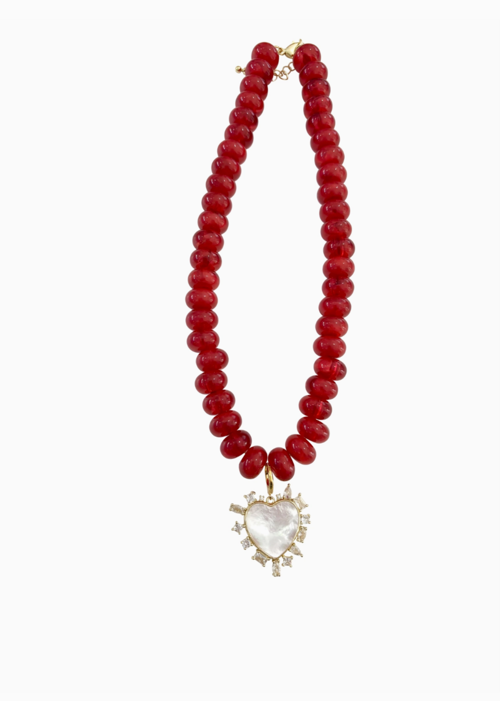 Gemelli Regal Red Beaded Necklace with Pearl Heart Charm