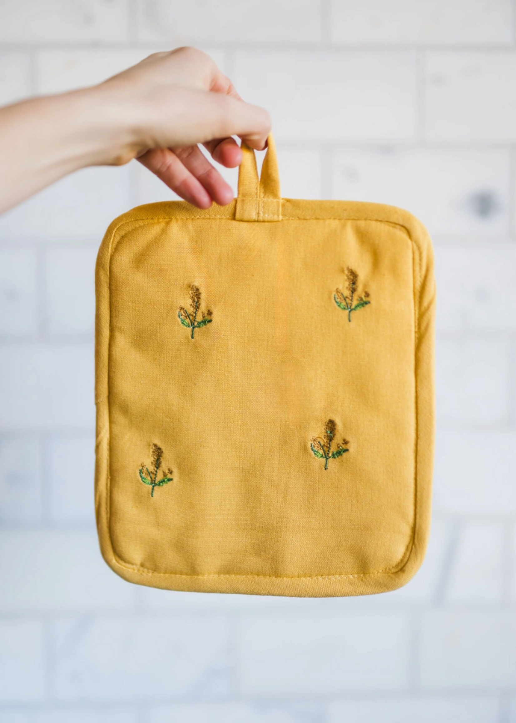 Galley and Fen Yellow Embroidered Pot Holder
