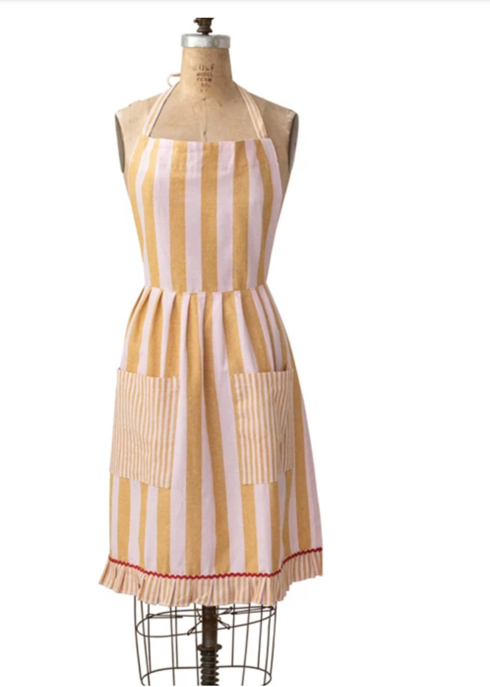 Creative Co-Op Woven Cotton Striped Apron w/ Ruffle, Pockets & Ric Rac Trim