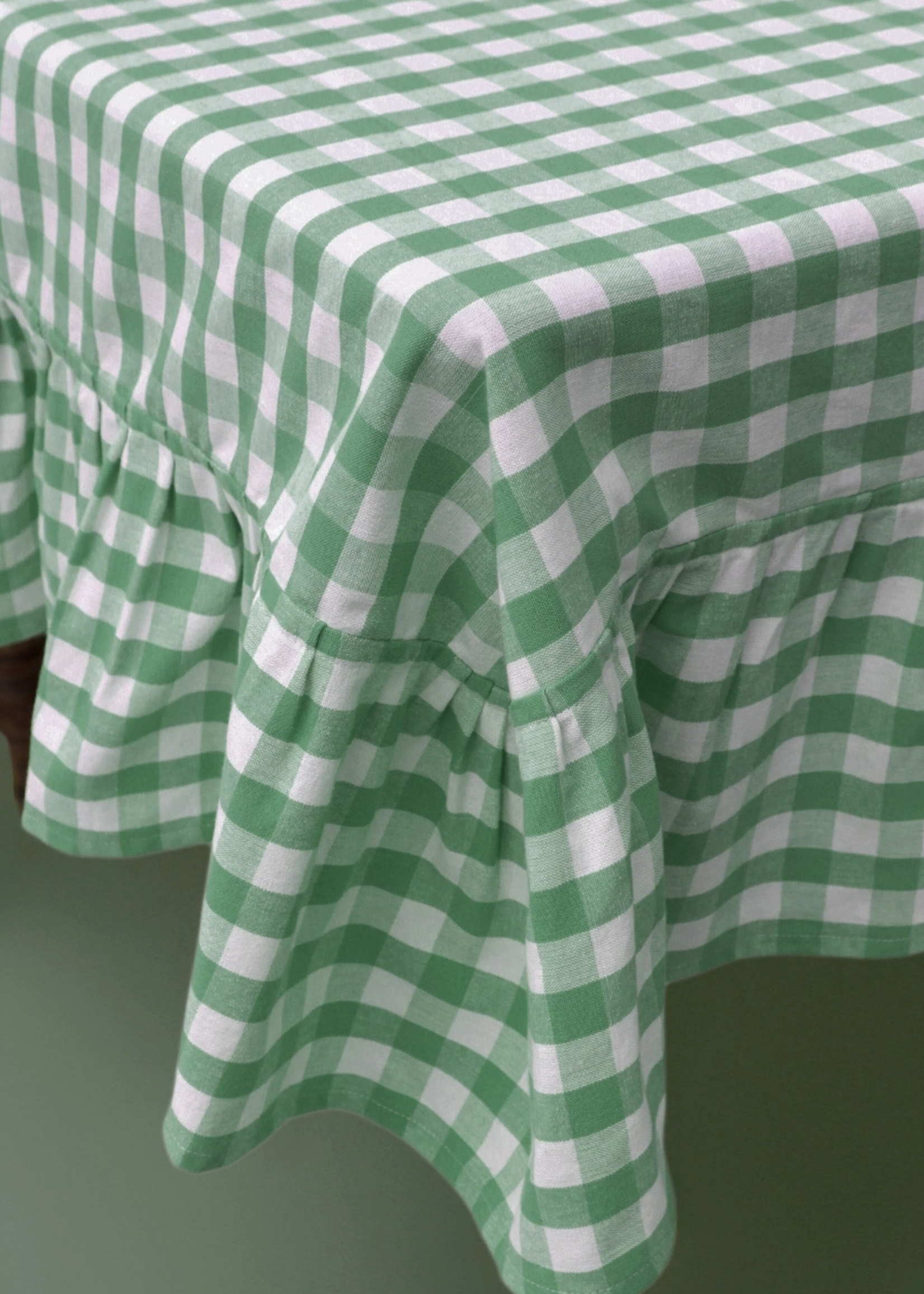 Galley and Fen Moss Ruffled Gingham Tablecloth  60"x120"