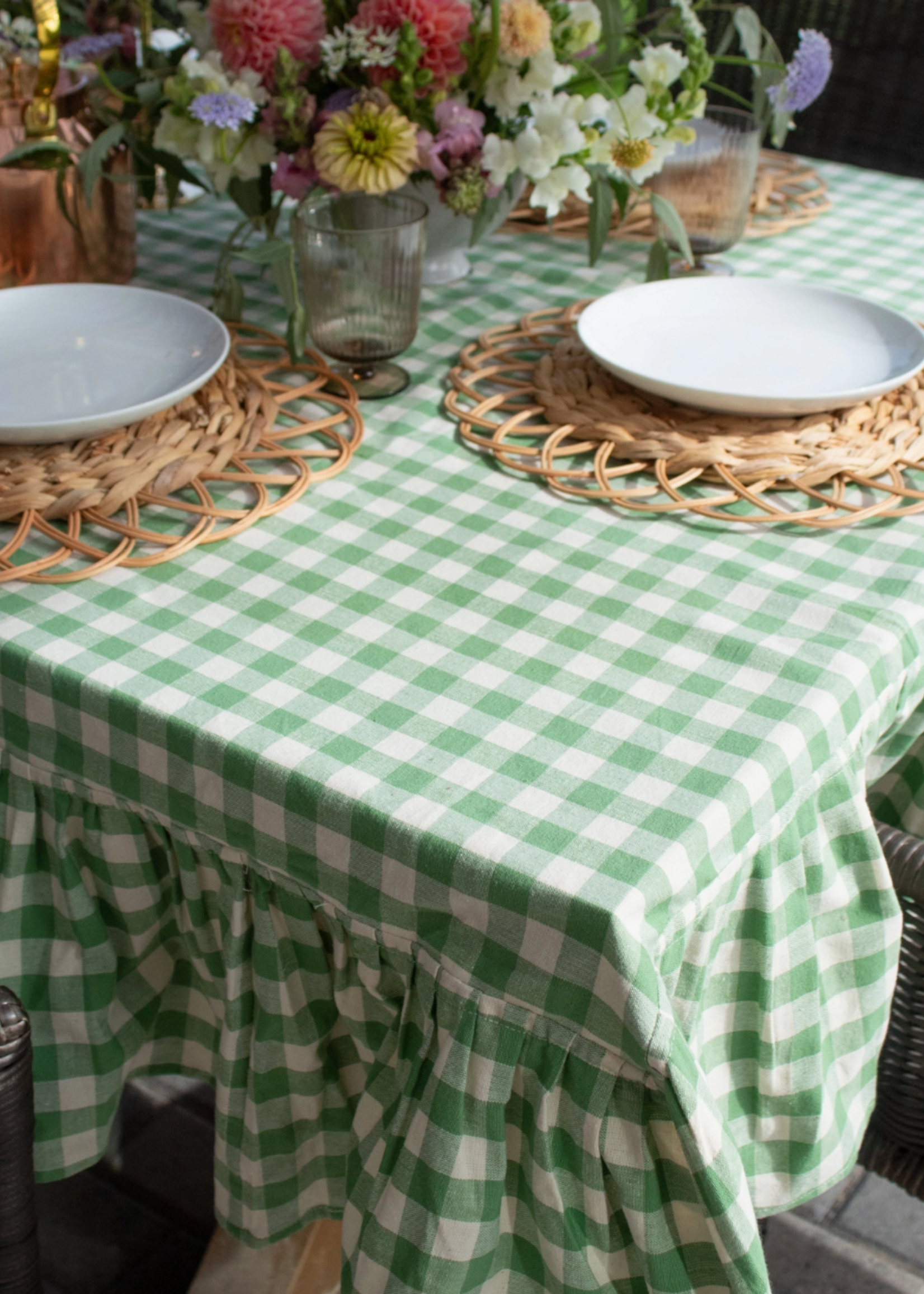 Galley and Fen Moss Ruffled Gingham Tablecloth  60"x120"