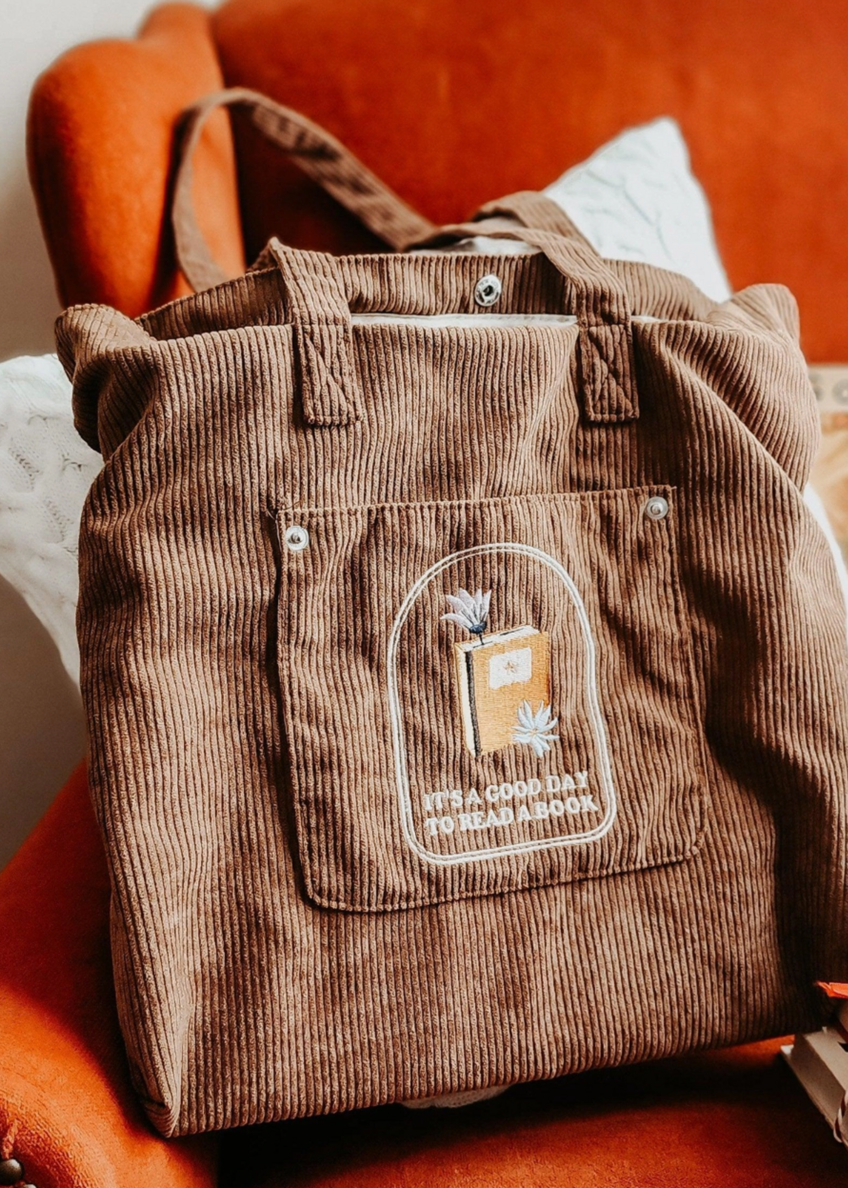 The Bean Workshop It's A Good Day To Read A Book Embroidered Corduroy Tote Bag