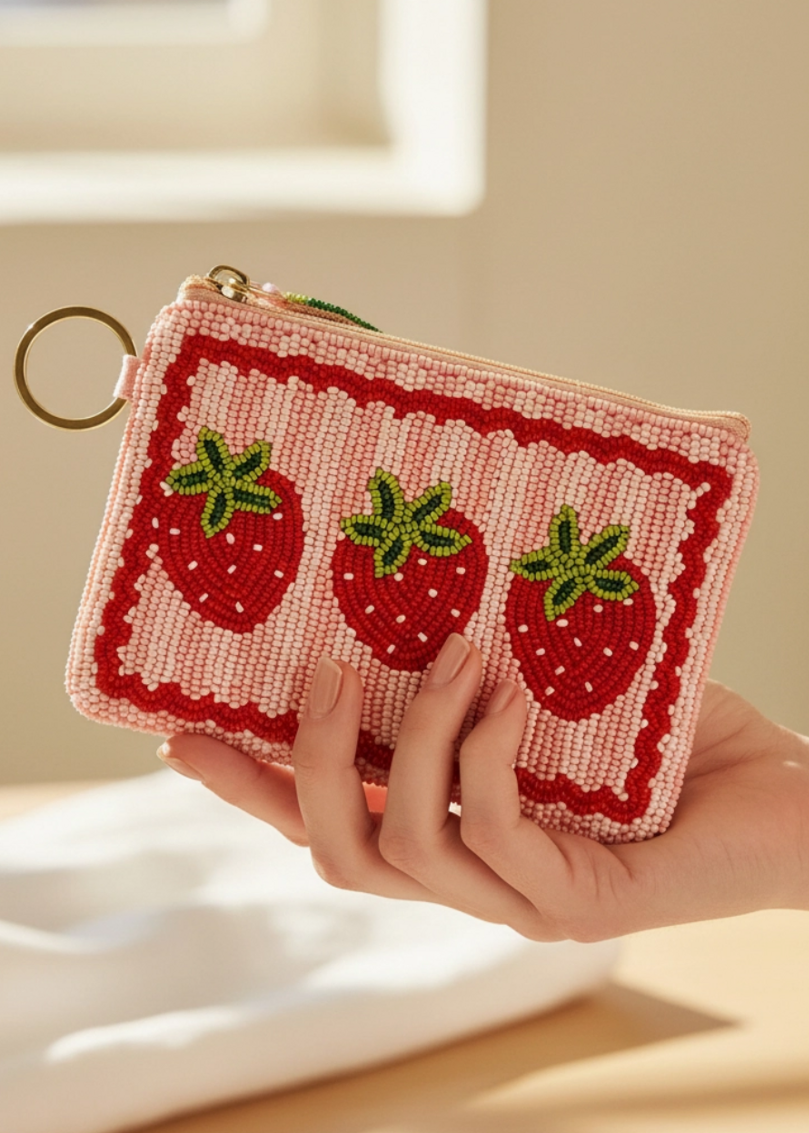 The Darling Effect Handcrafted Beaded Pouch-Strawberries