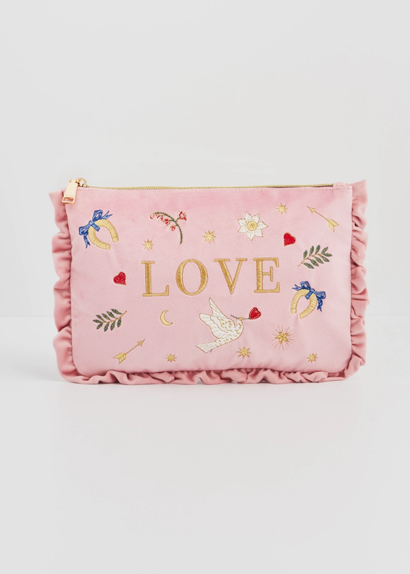 Fable England Love Scatter Pink Velvet Embroidered Pouch