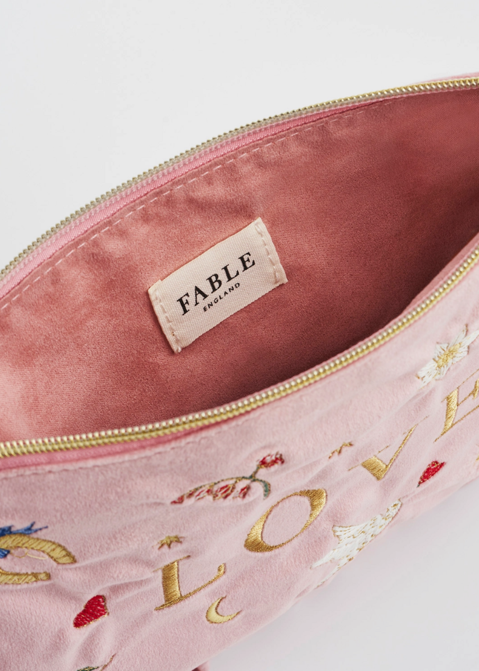 Fable England Love Scatter Pink Velvet Embroidered Pouch