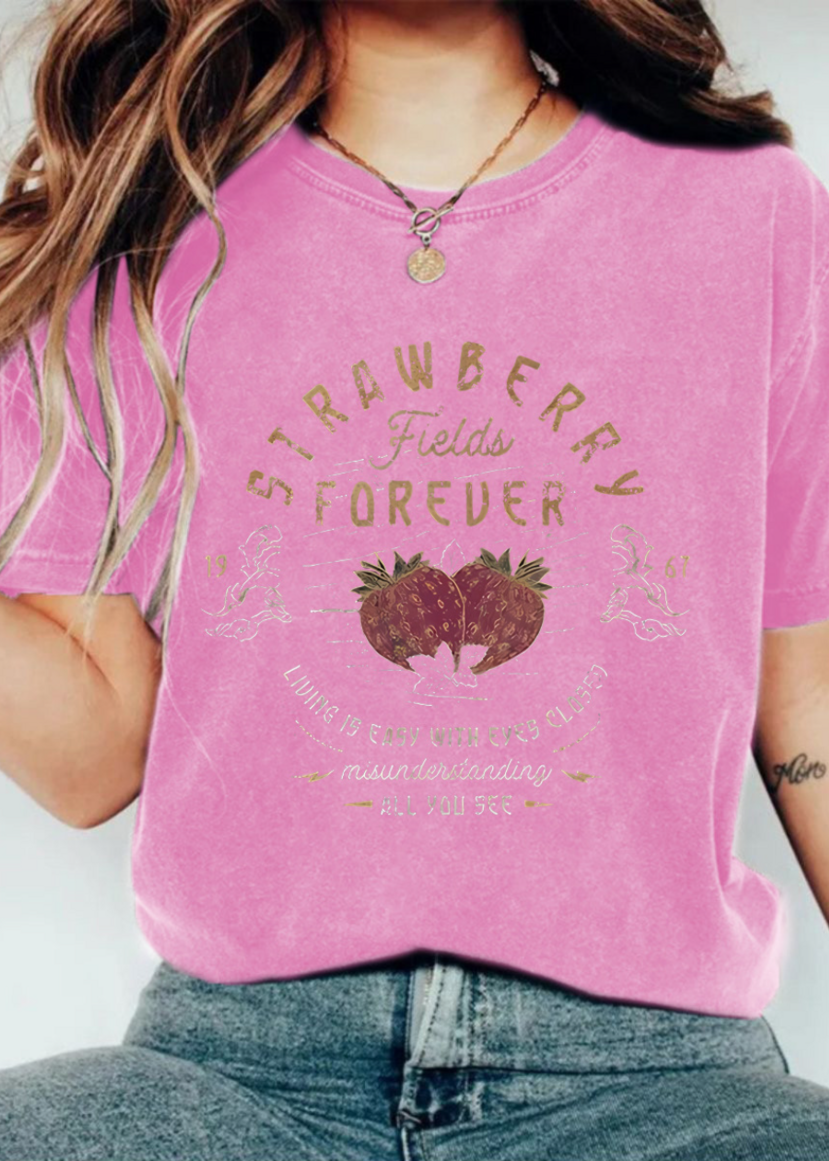 Rosa Clothing Strawberry Graphic Distressed Washed Tee-Pink