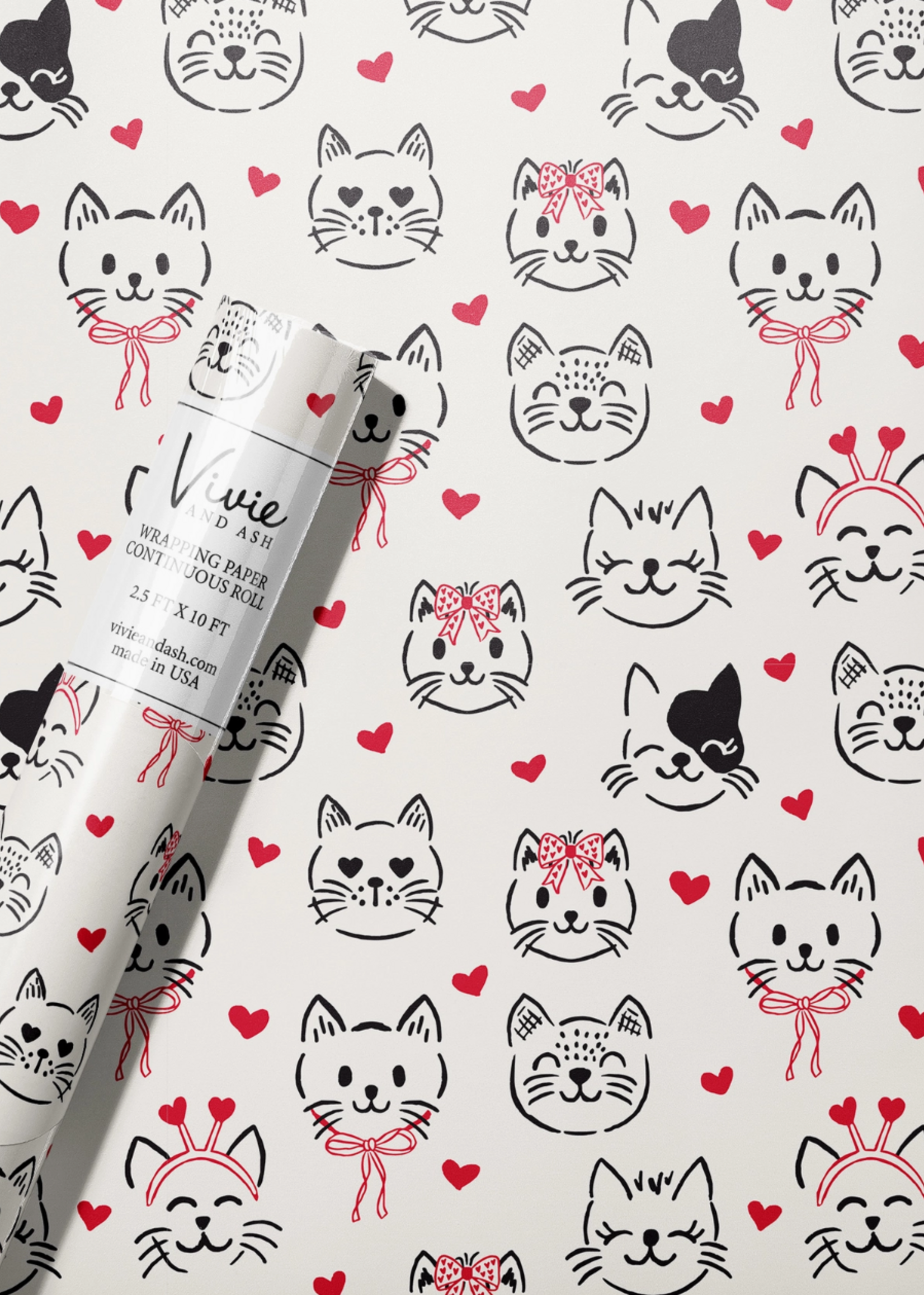 Vivie and Ash Black and White Valentine Kitties Wrapping Paper Roll