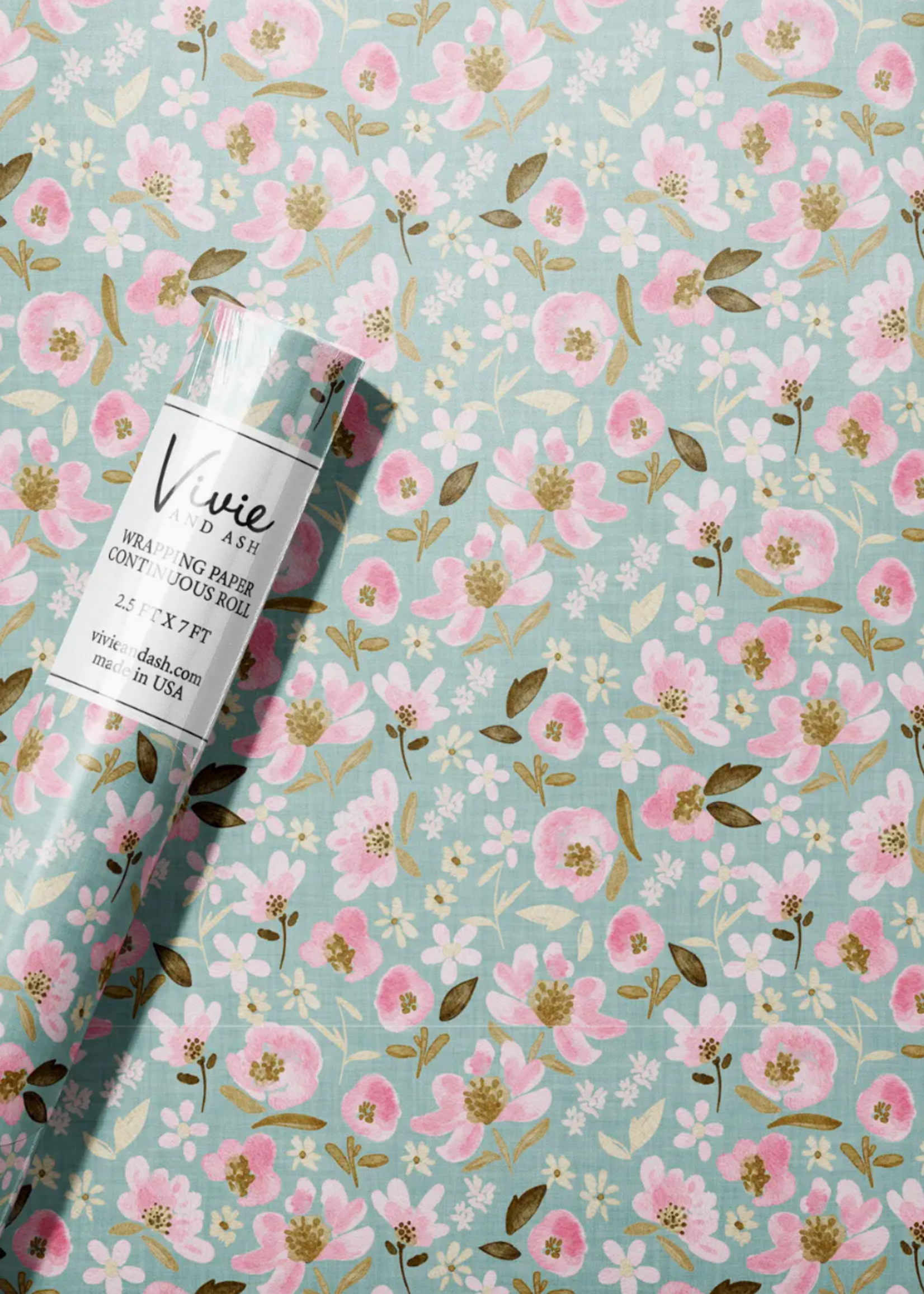 Vivie and Ash Blue and Pink Garden Floral Everyday Wrapping Paper Roll