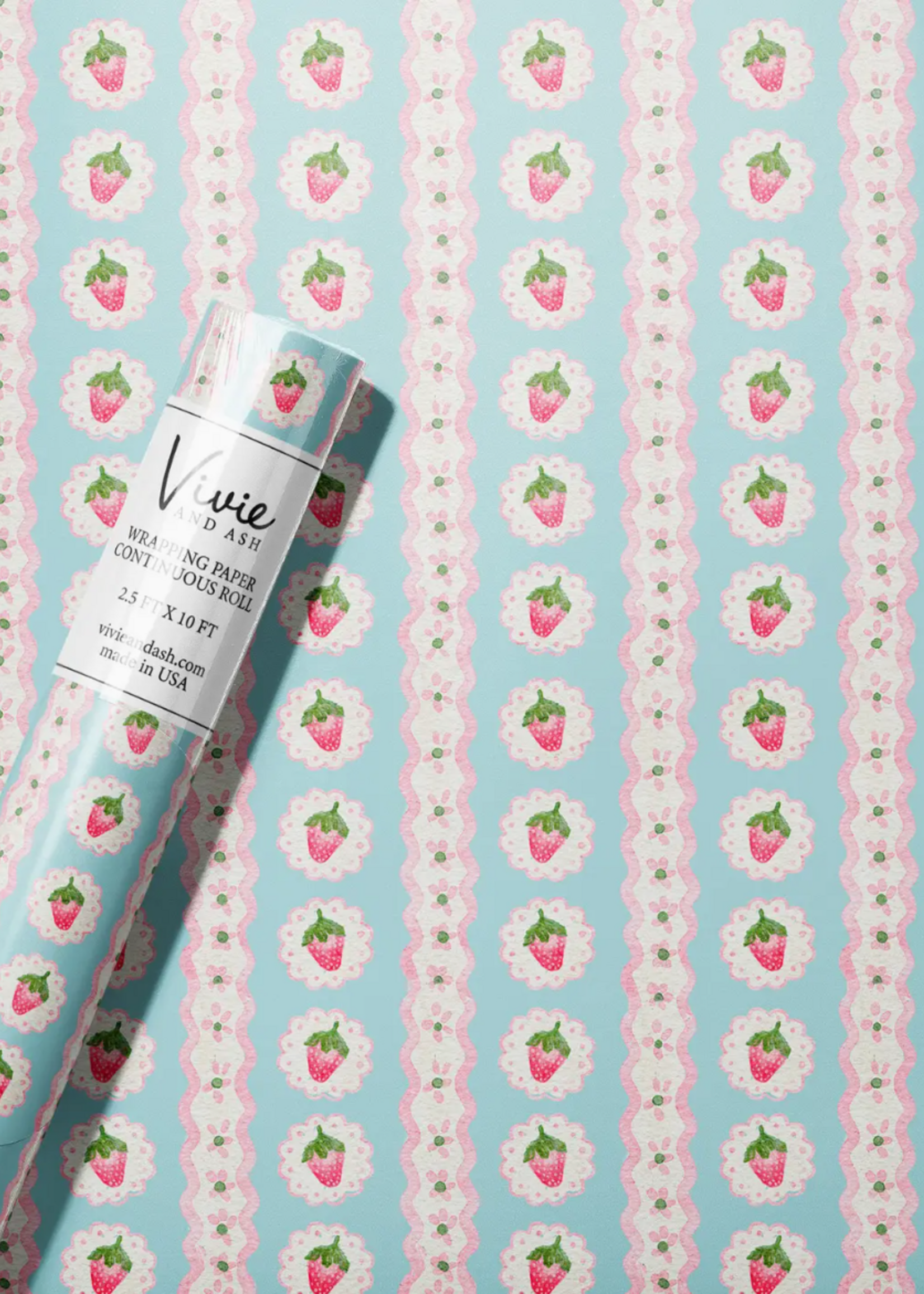 Vivie and Ash Blue Watercolor Cameo Strawberry Stripe Wrapping Paper Roll