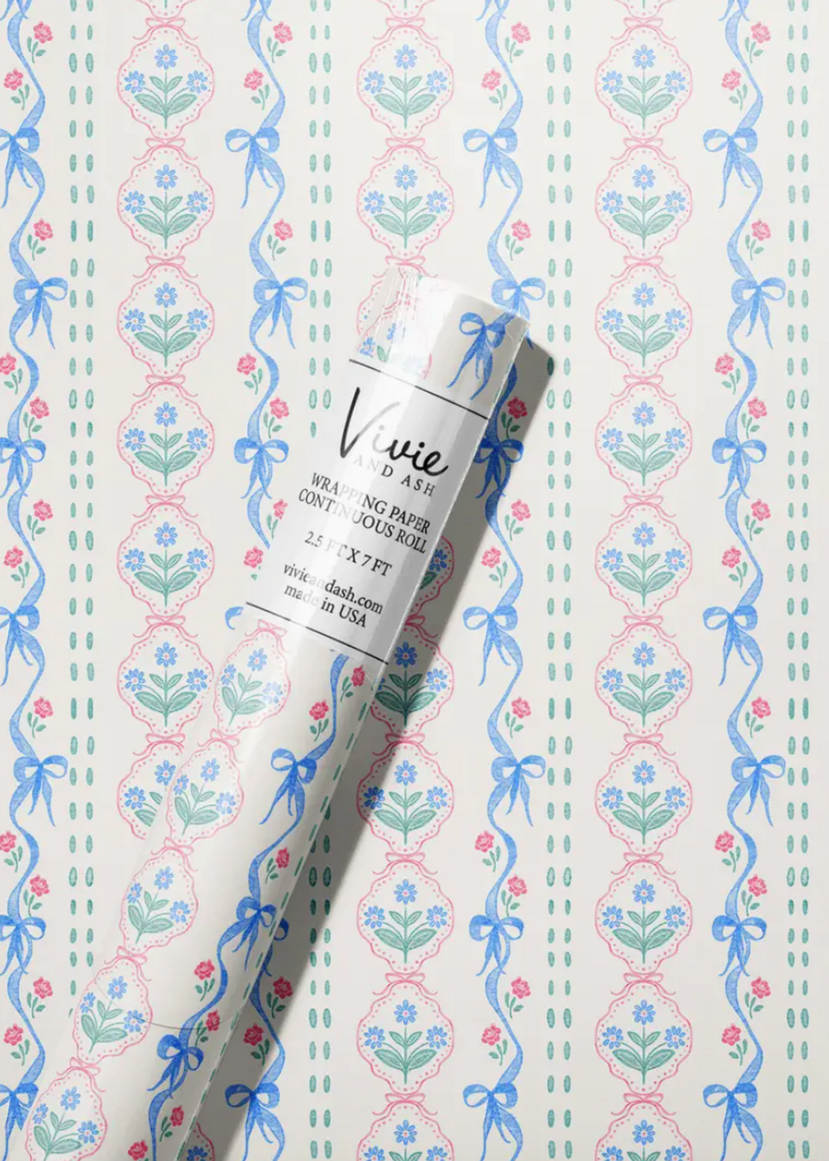 Vivie and Ash Blue and Pink Bow Floral Everyday Wrapping Paper Roll