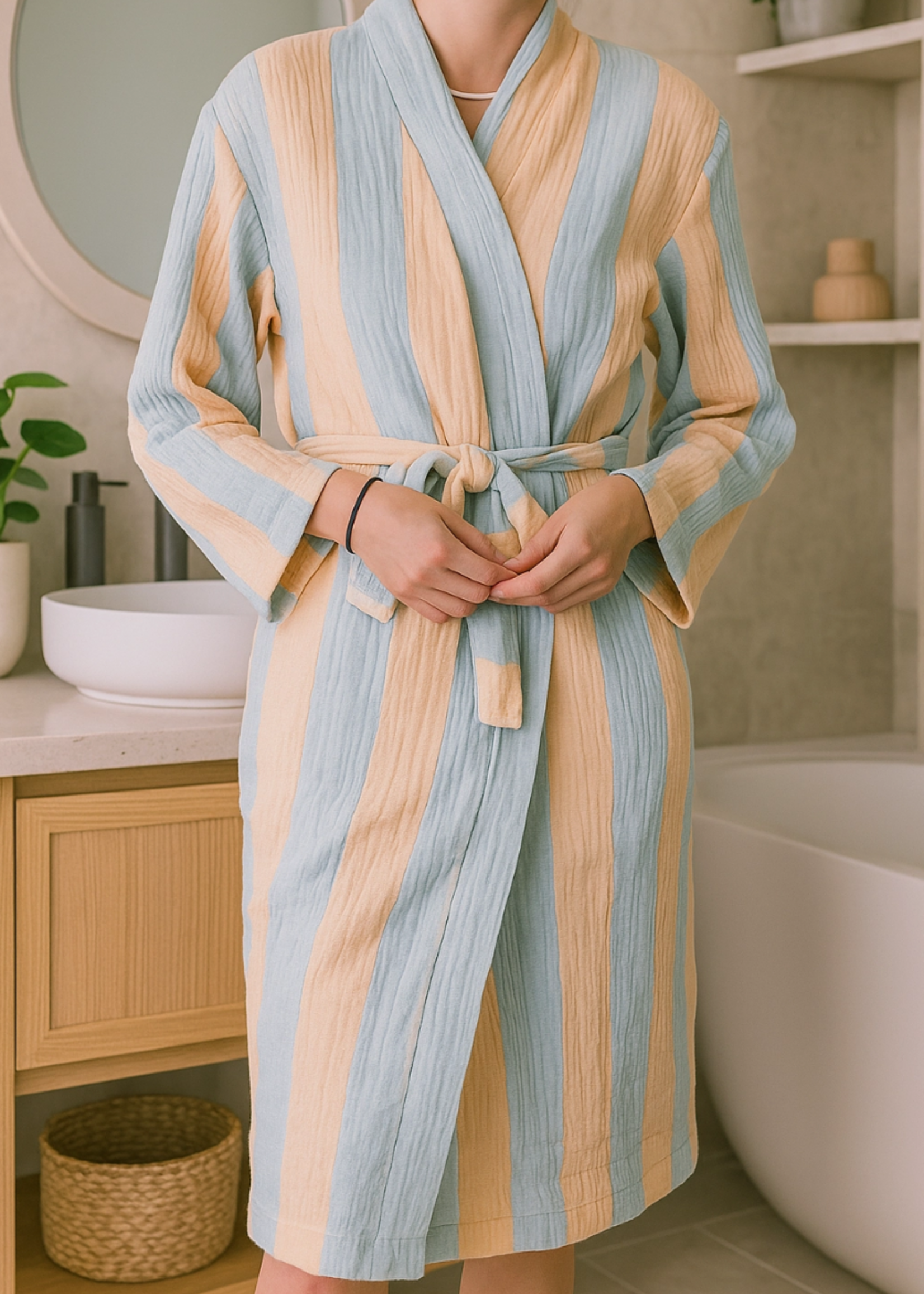 Olive & Loom Muslin Striped Robe-Blue&Pink