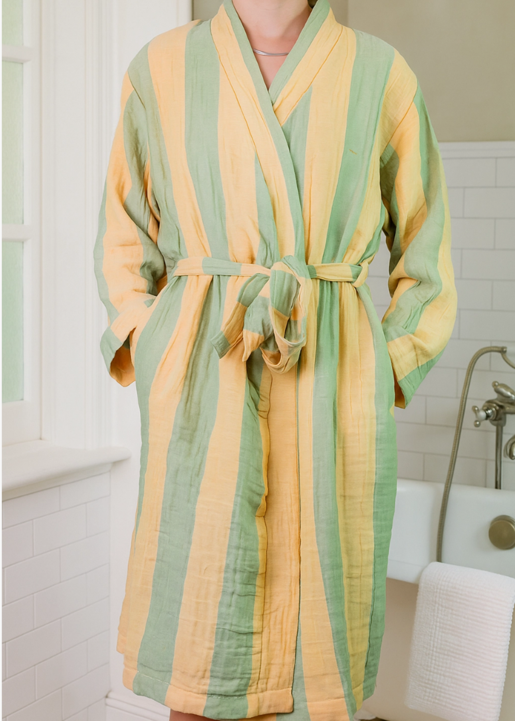 Olive & Loom Muslin Striped Robe Orange/Green