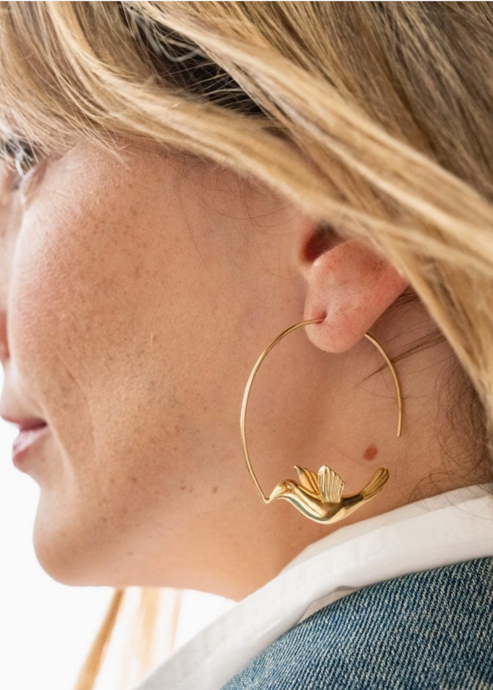 Ink + Alloy Wren Bird Hoop Earrings Brass