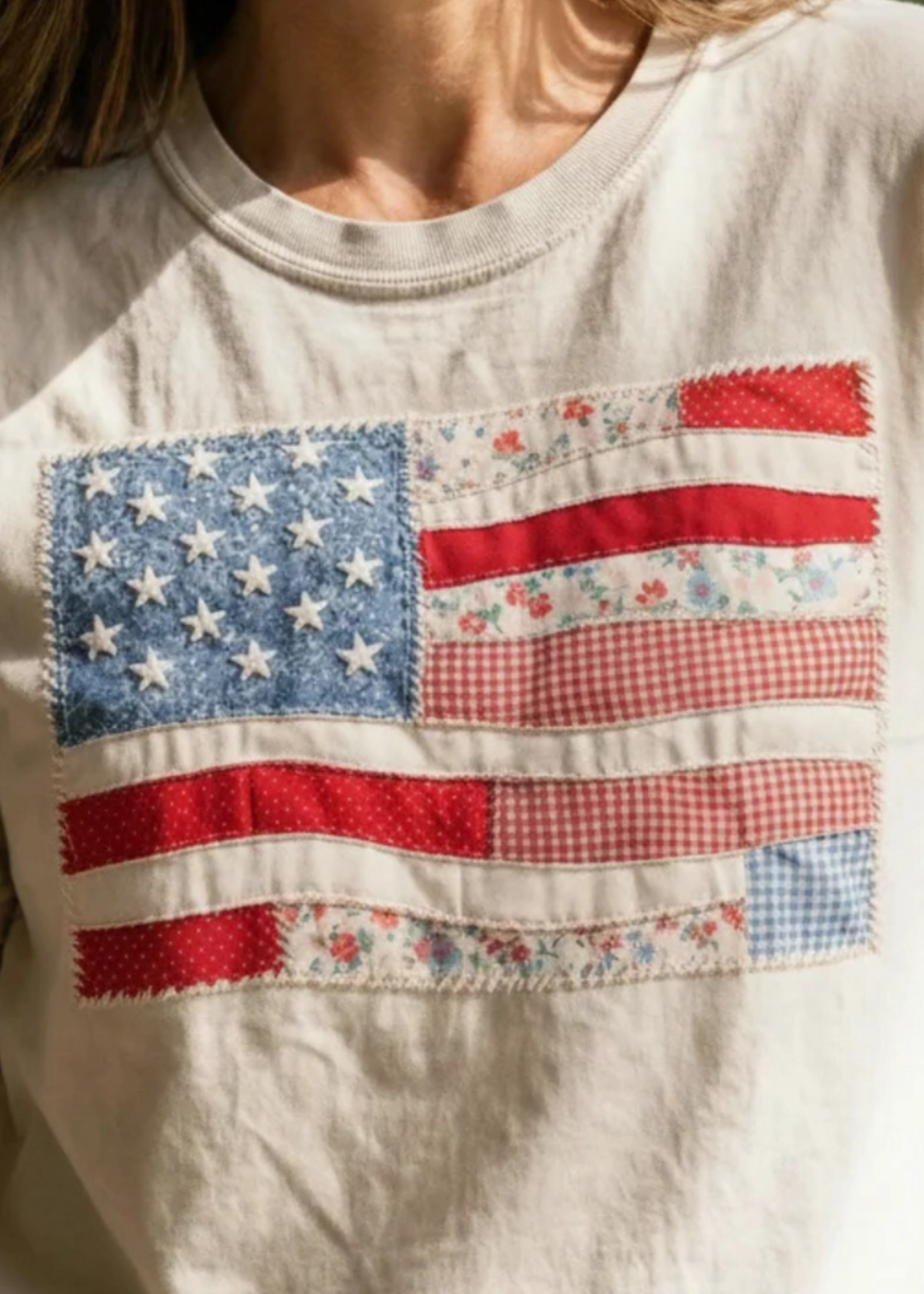 Meoldy Faye American Flag Texture Patchwork T-Shirt