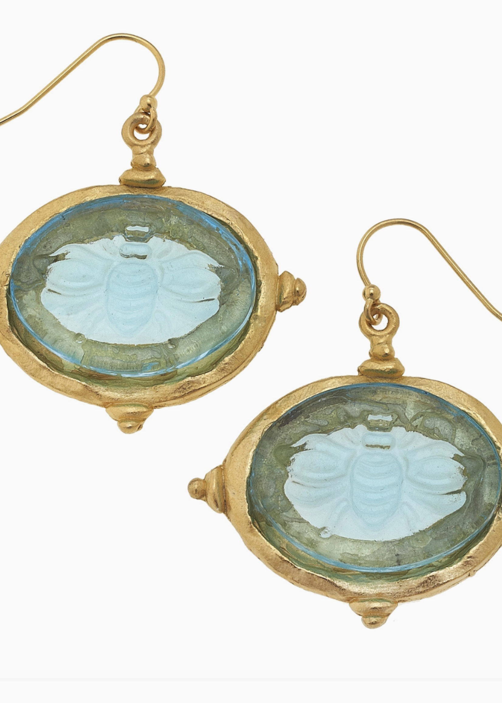 Susan Shaw Aqua Venetian Glass Bee Intaglio Earrings