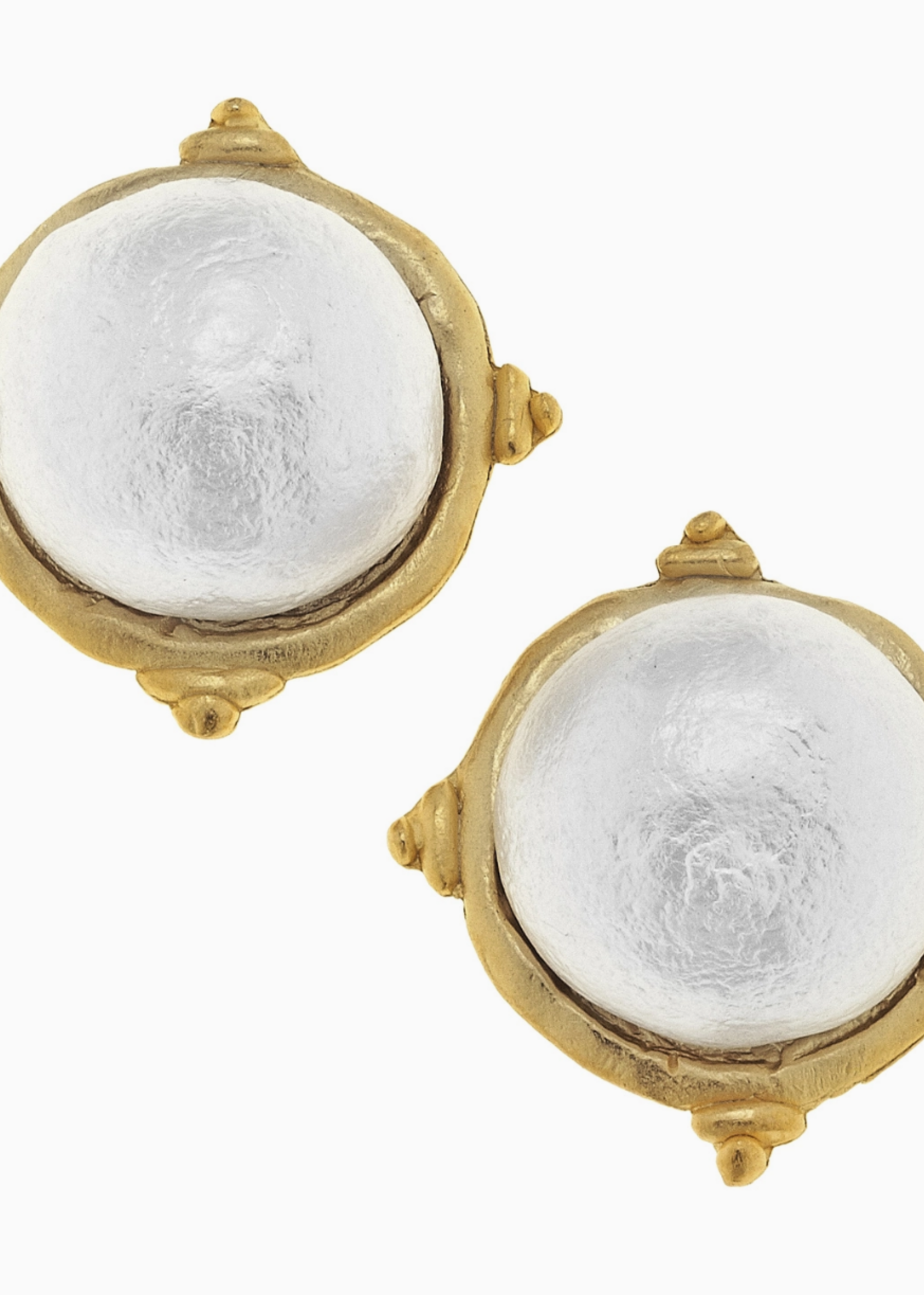 Susan Shaw Gold and White Pearl Cabochon Earrings