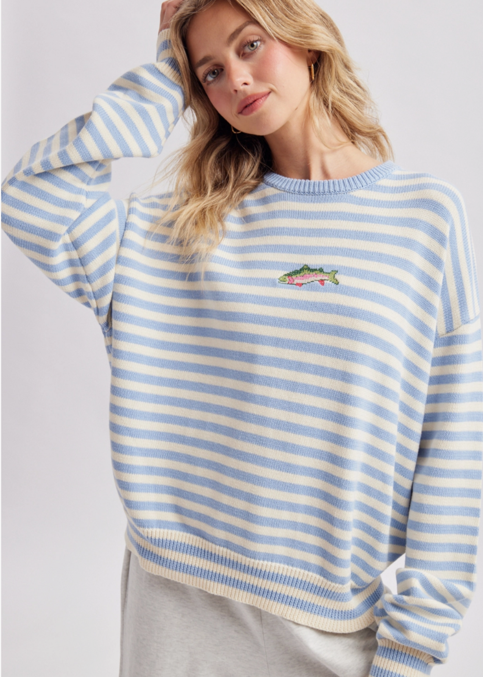 Wishlist Apparel Striped Fish Coastal Graphic Blue Cream