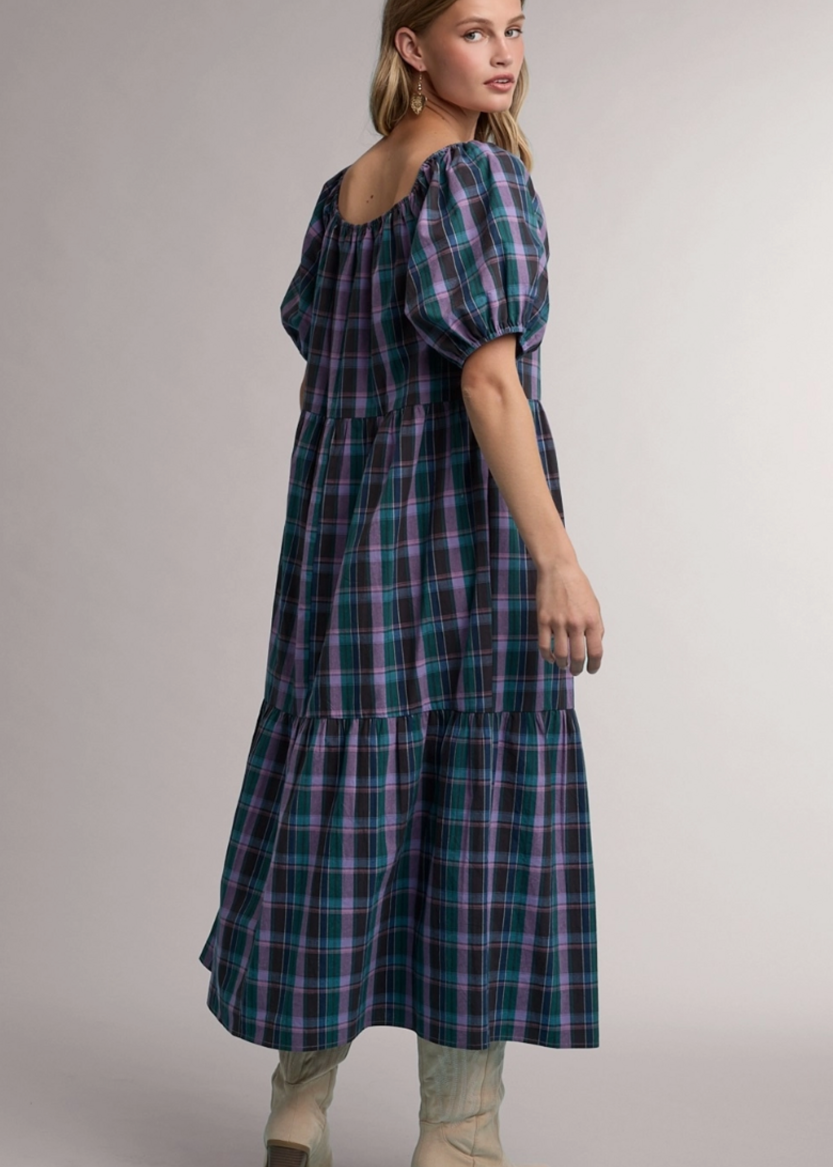 Wishlist Apparel Plaid Puff Sleeve Midi Dress