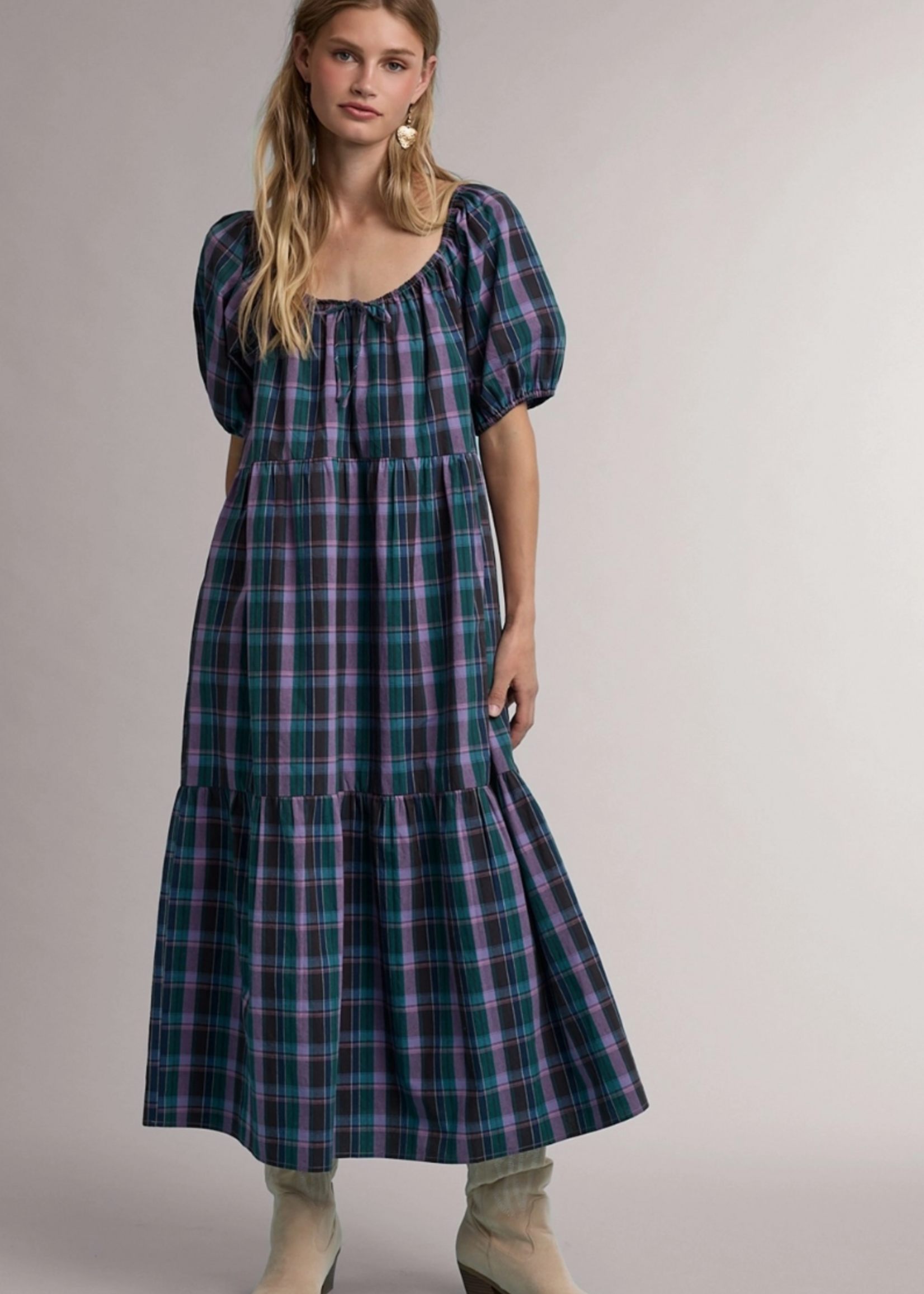Wishlist Apparel Plaid Puff Sleeve Midi Dress