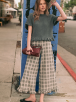 MIOU MUSE Ruffle Detail with Plaid Fabric Pants